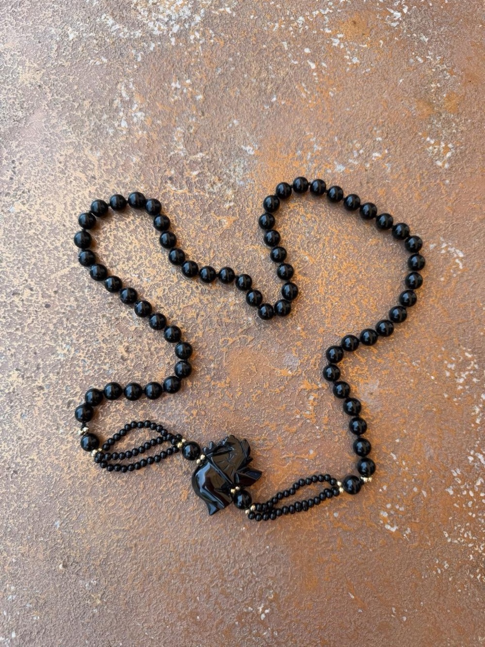 Vintage chunky Black Onyx  Beaded Carved Elephant Necklace set #grunge